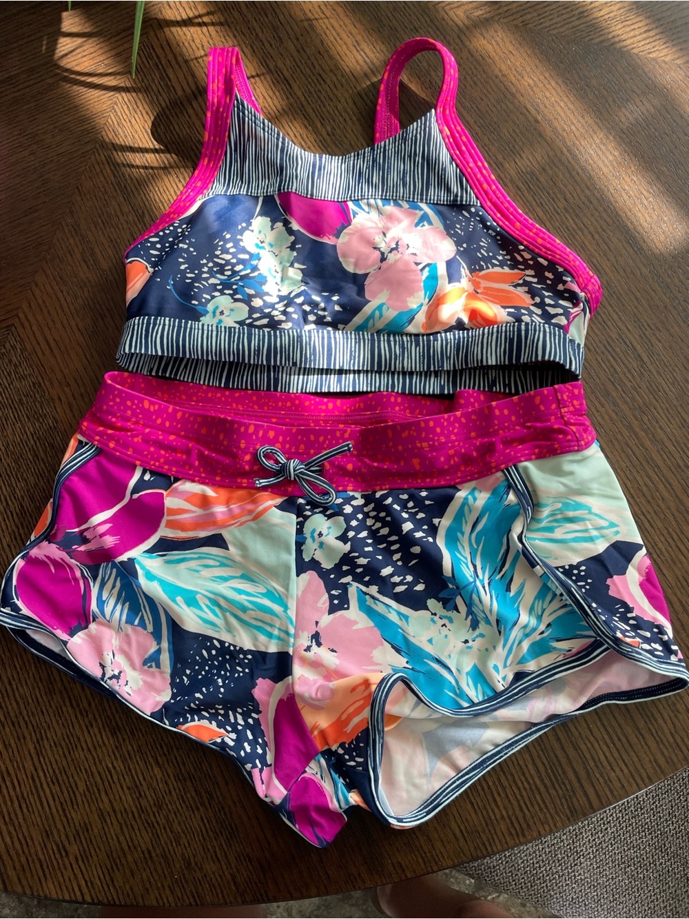 Athleta Floral Navy Blue Pink Tankini Top with Matching Shorts
